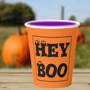 Name on Halloween Orange & Black Hey Boo Eyeballs Paper Cups