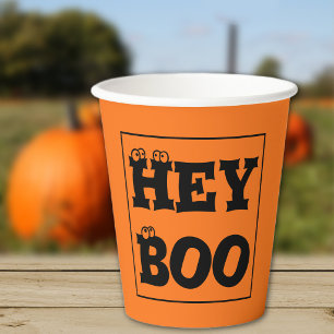Name on Halloween Orange & Black Hey Boo Eyeballs Paper Cups