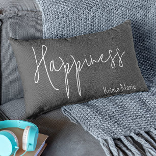 Name on Happiness Dark Grey 13x21 Lumbar Pillow