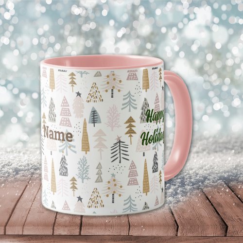 Name on Happy Holidays Winter Trees 11oz Combo Mug