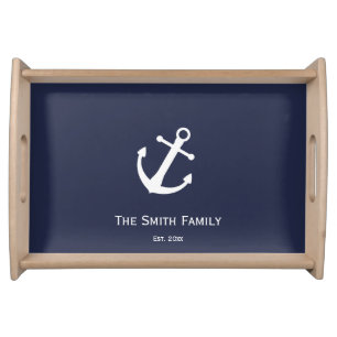 Name on Nautical Blue with White Anchor Serving Tray