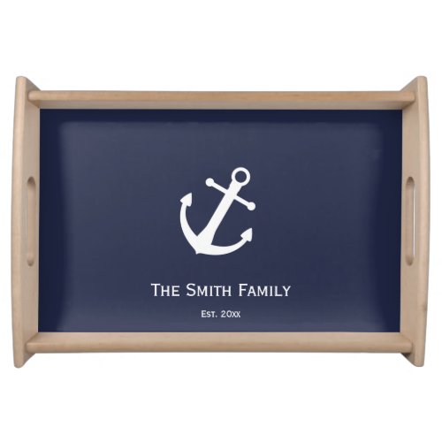 Name on Nautical Blue with White Anchor Serving Tray