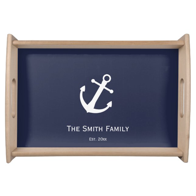 Name on Nautical Blue with White Anchor Serving Tray (Front)