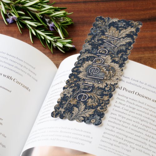 Name on Navy Gold Botanical Textile Pattern Bookmarks