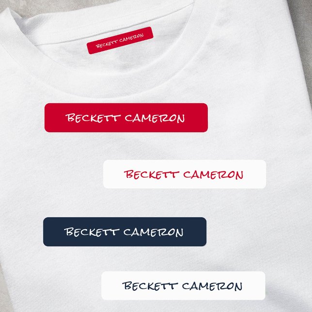 Name on Red White Blue Adhesive Waterproof Labels (1.75" x .3125" clothing labels iron-on or adhesive, 2 sheets of 48 labels, USE 1 OR up to 4 NAMES)