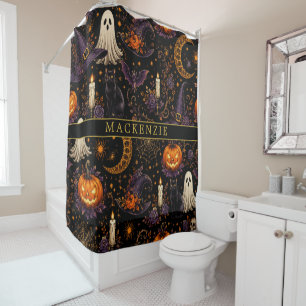 Name on Spooky Halloween Night Pumpkin & Ghost Art Shower Curtain