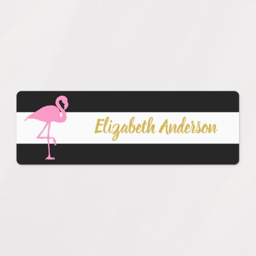 Name on Tropical Pink Flamingo on Black and White Kids Labels