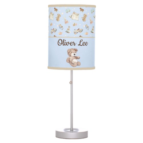 Name on Watercolor Vintage Toys Teddy Bears Blue Table Lamp