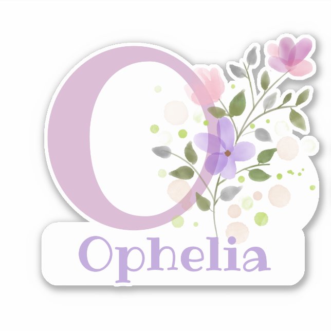 Name Ophelia & Initial with Floral Design Sticker (Front)