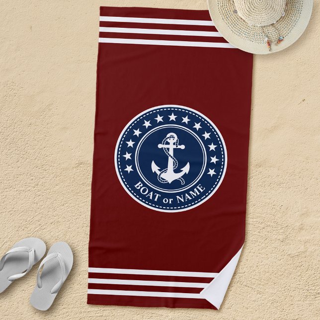 Name or Boat Name Nautical Anchor Stars Stripes Beach Towel (Creator Uploaded)