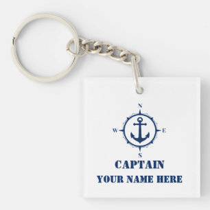 Name or Boat Name Nautical Compass Anchor White Keychain