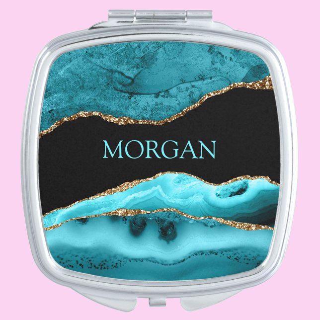 Name or Monogram, Black, Gold & Teal Agate Compact Mirror (Creator Uploaded)