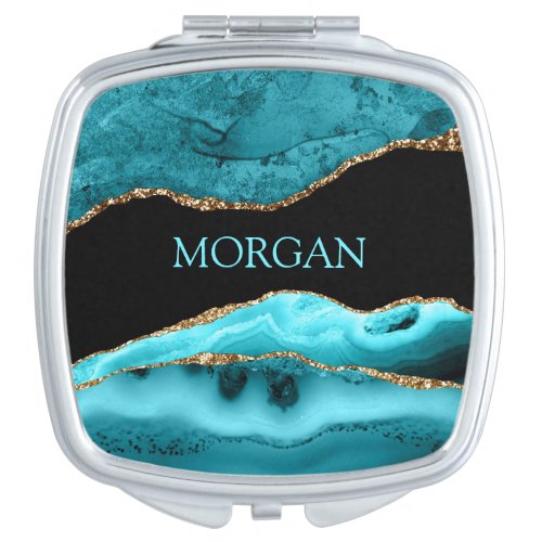 Name or Monogram Black Gold  Teal Agate Compact Mirror