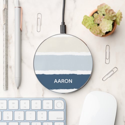 Name or Monograms Paintbrush Stripes in Blues Ecru Wireless Charger