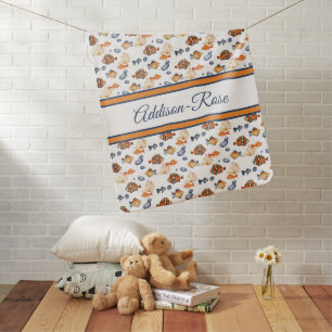 Name Orange White Tropical Fish Pattern Nursery Baby Blanket