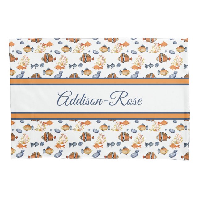 Name Orange White Tropical Fish Pattern Nursery Pillow Case (Front)