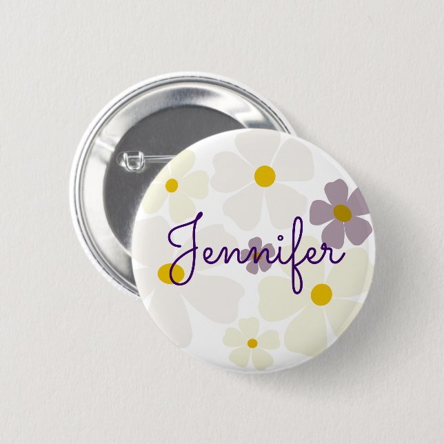 Name Over Pale Cream and Purple Flowers Button (Front & Back)