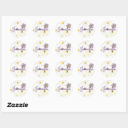 Name Over Pale Cream and Purple Flowers Classic Round Sticker
