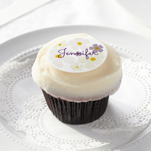 Name Over Pale Cream and Purple Flowers Edible Frosting Rounds