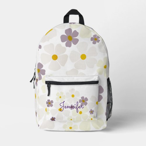 Name Over Pale Cream and Purple Flowers Printed Backpack