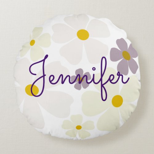 Name Over Pale Cream and Purple Flowers Round Pillow
