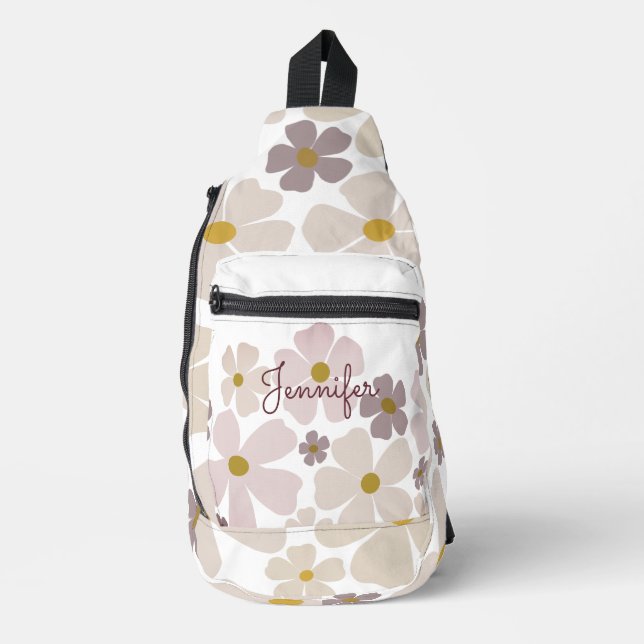 Name Over Pale Cream and Purple Flowers Sling Bag (Front)