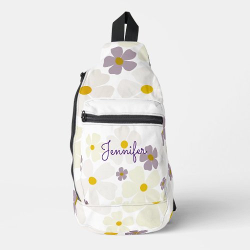 Name Over Pale Cream and Purple Flowers Sling Bag