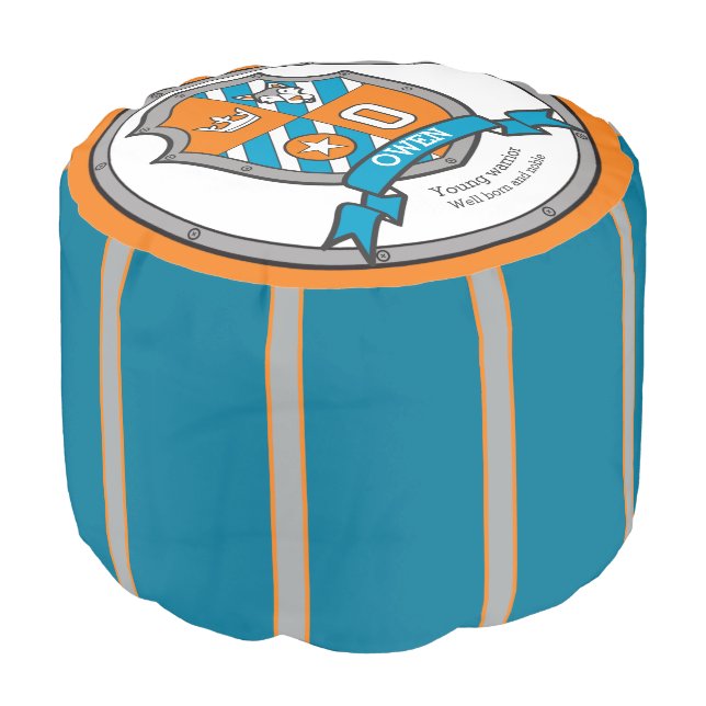 Name Owen letter O blue crest boys round pouf (Angled Front)
