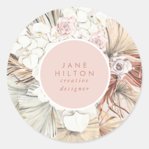 Name Pampas Grass Floral Company Boho Pink Classic Round Sticker