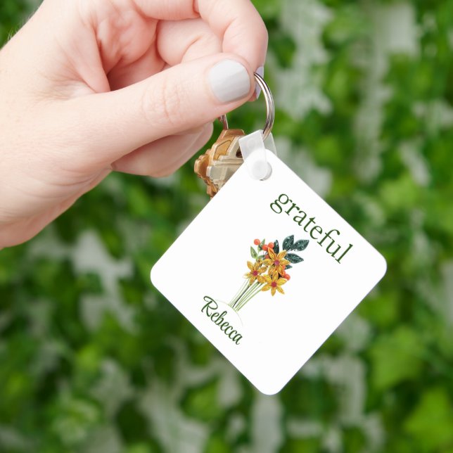 Name, Paper Quilled Flowers, Square Aluminum Keychain (Hand)