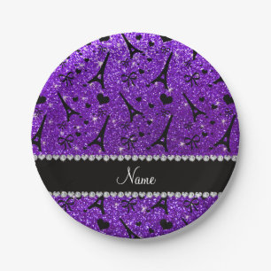 Name paris eiffek tower indigo purple glitter paper plates