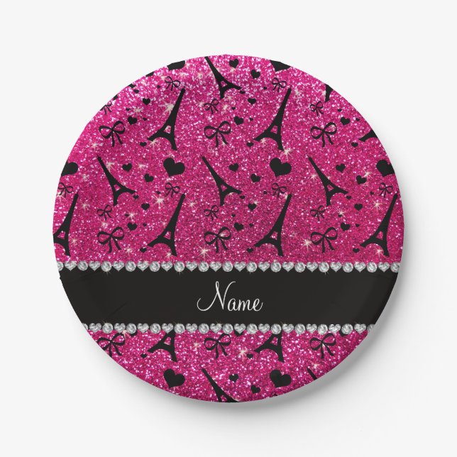 name paris eiffel tower neon hot pink glitter paper plates (Front)
