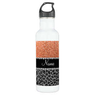 Name pastel orange glitter black leopard water bottle