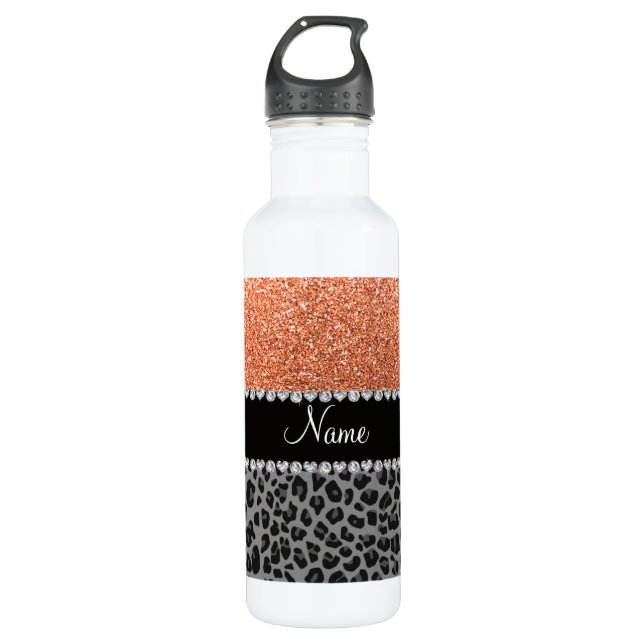 Name pastel orange glitter black leopard water bottle (Front)