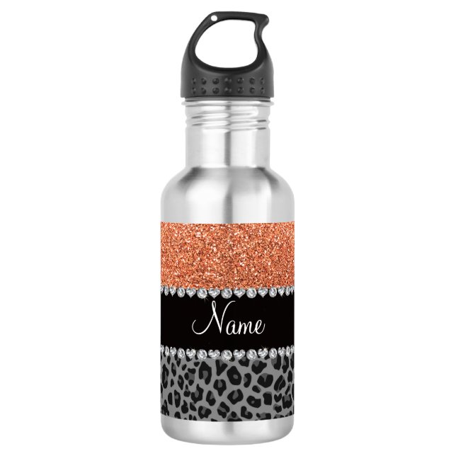 Name pastel orange glitter black leopard water bottle (Front)