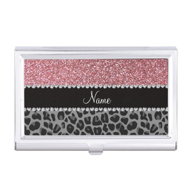 Name pastel pink glitter black leopard business card case (Front)