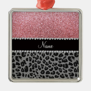 Name pastel pink glitter black leopard metal ornament