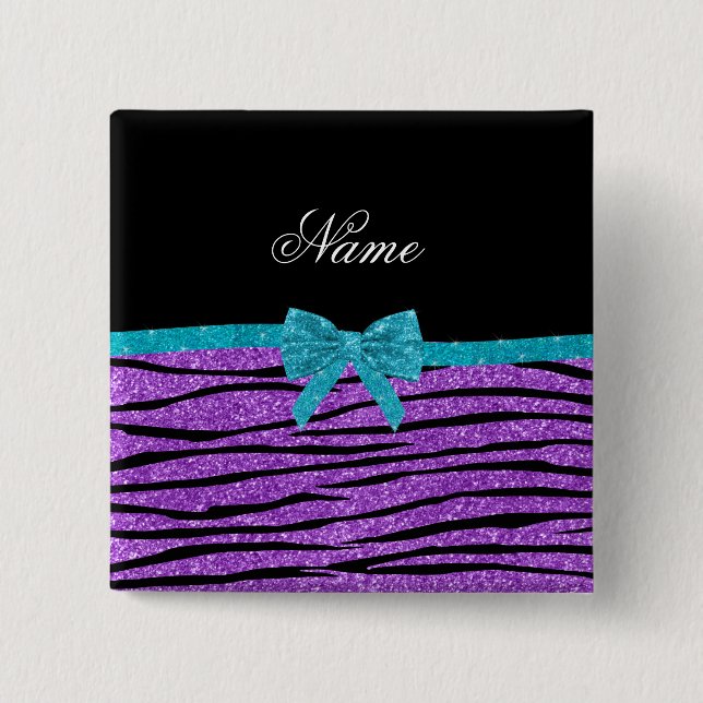 Name pastel purple glitter zebra turquoise bow pinback button (Front)