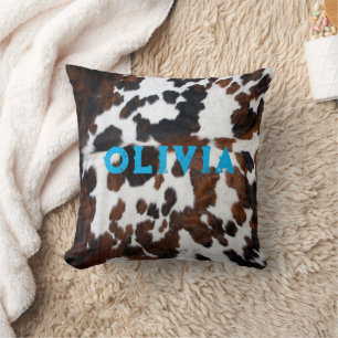 Name Patchwork Cowhide Print Western Rustic Blue Throw Pillow