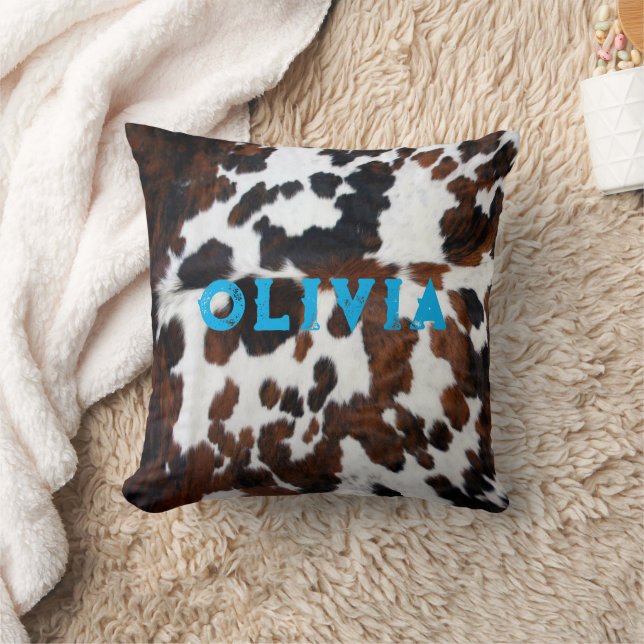 Name Patchwork Cowhide Print Western Rustic Blue Throw Pillow (Blanket)