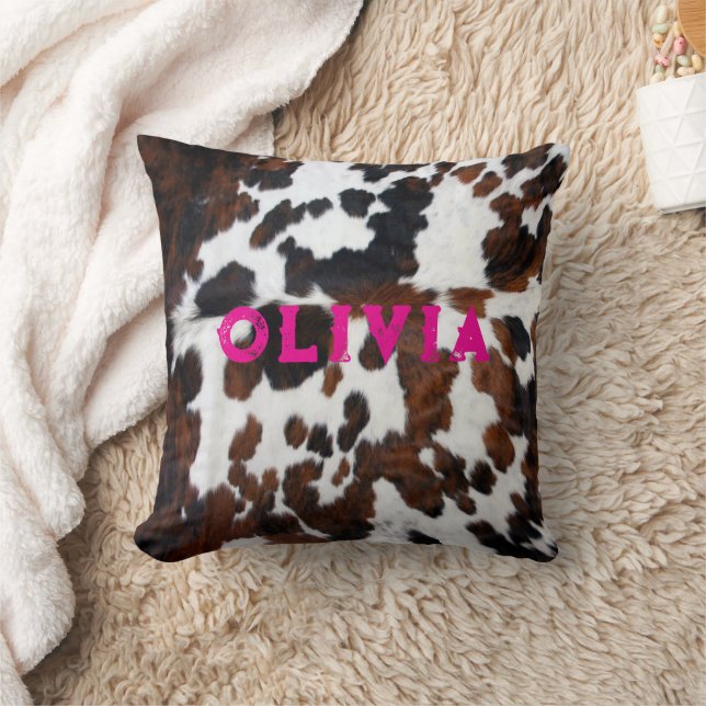Name Patchwork Cowhide Print Western Rustic Pink Throw Pillow (Blanket)