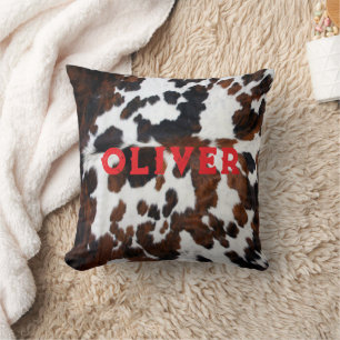 Name Patchwork Cowhide Print Western Rustic Red Throw Pillow