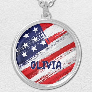 Name, Patriotic 1.125-inch Charm, Silver Plated Necklace