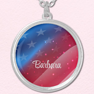 Name, Patriotic 1.125-inch Round Charm Silver Plated Necklace
