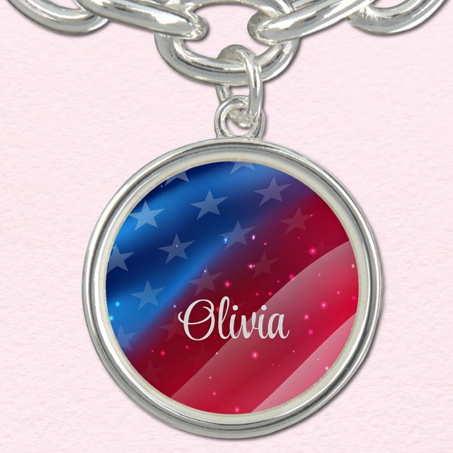 Name, Patriotic .875-inch Charm, SS Plated Bracelet (Creator Uploaded)