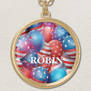 Name, Patriotic Balloons, 1.125-in Round Charm Gold Plated Necklace