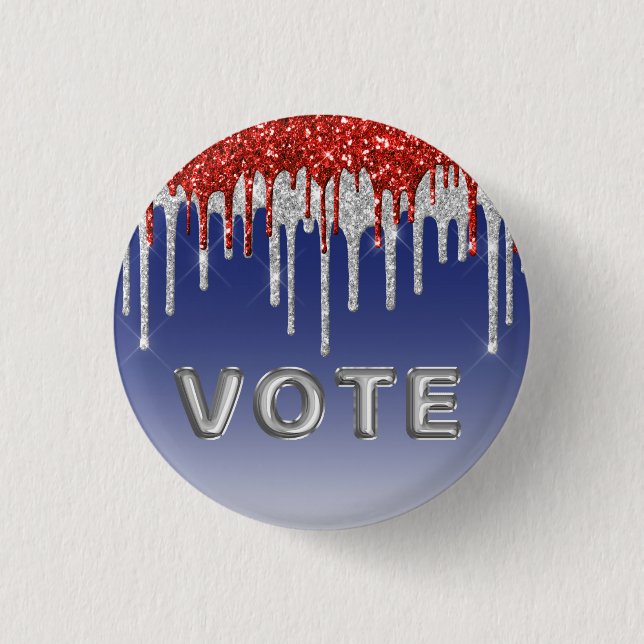 Name: Patriotic Red White Glitter Drip Blue Vote Button (Front)