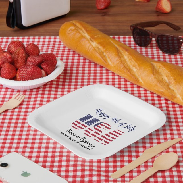 Name, Patriotic USA Stencil July 4th Square Party Paper Plates (Picnic)