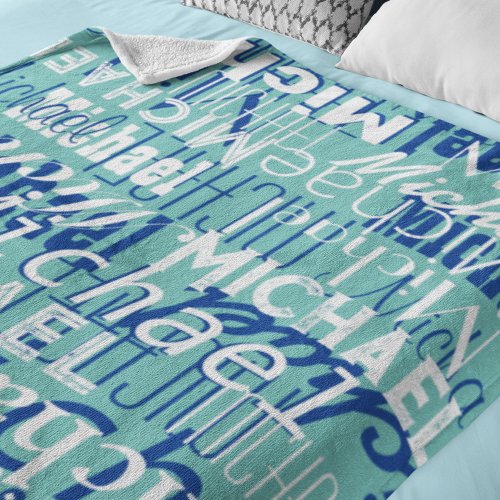 Name Pattern Teal Blue Typography Stamped Allover  Fleece Blanket
