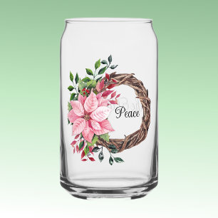 Name, Peace Pink Poinsettia Wreath 16oz Can Glass